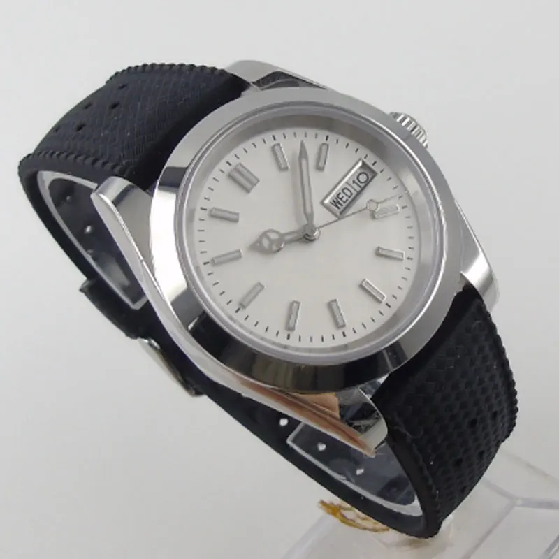 

Мужские автоматические часы, японские часы NH36A с датой и днем недели, стерильный черный циферблат, кожаный ремешок, полированный Безель, сапфировое стекло, 40 мм