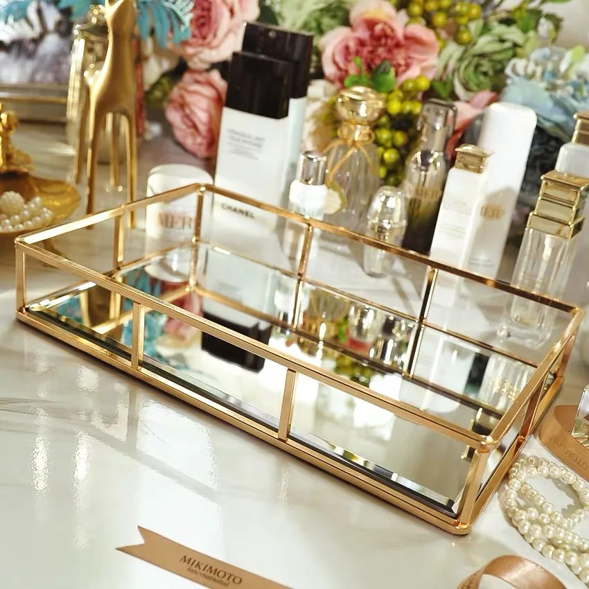 

Vintage Metal Glass Storage Box Gold Tray Jewelry Cosmetics Display Boxes Cosmetics Storage Tray Kitchen Organizer Home Decor