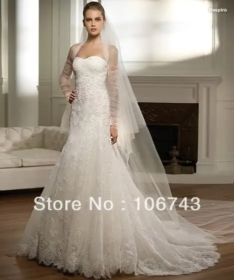 free shipping dress 2016 Lace Bridal Wedding Gown Bride Formal Dress w Long Organza Bolero Jacket | Свадьбы и торжества