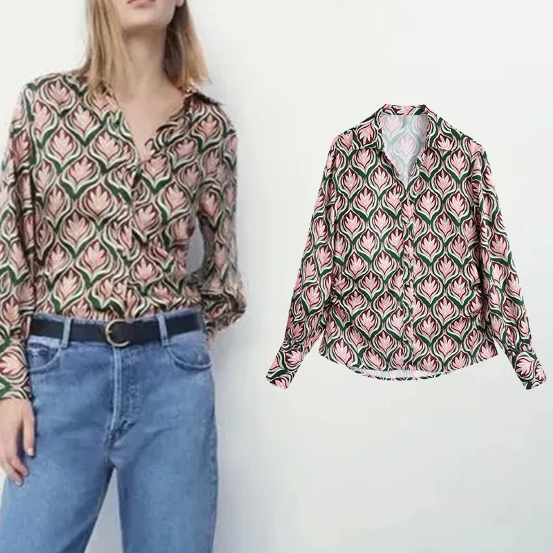

Xypskh Za Women New Fashion Floral Print Folds Loose Fitting Blouses Vintage Long Sleeve Button-up Female Shirts Chic Tops