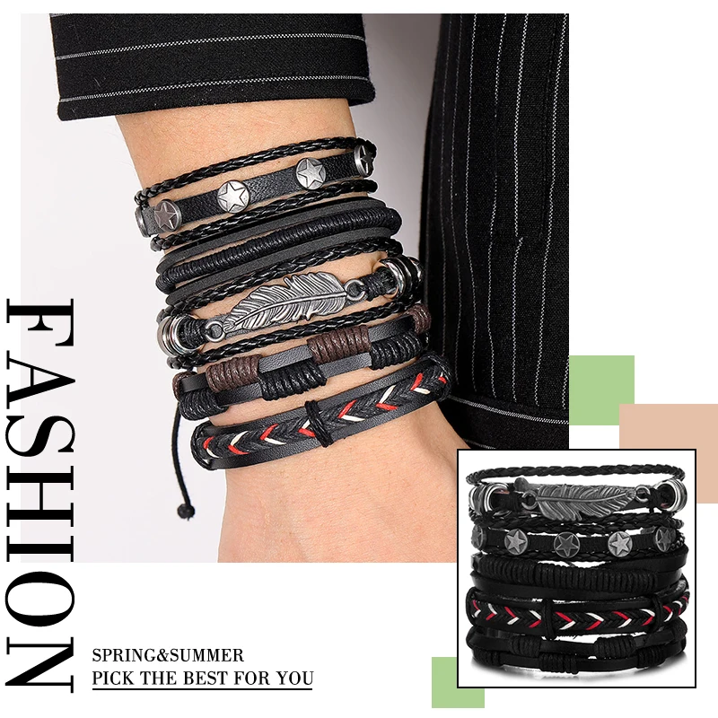

VKME Vintage Multilayer Leather Punk Bracelet Wholesale Leaf Star Alloy Hand Knitted Jewelry Gift