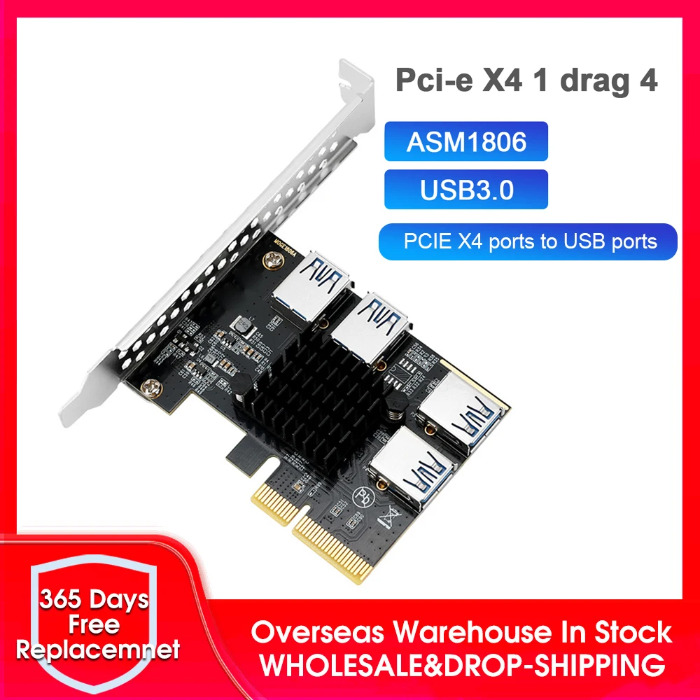 

PCIE X4 1 to 4 Riser Card 4 USB 3.0 PCI-Express Extender Card ASM1806 PCI-E X4/X8/X16 Slots Adapter for Windows XP/Win 7/Win 8