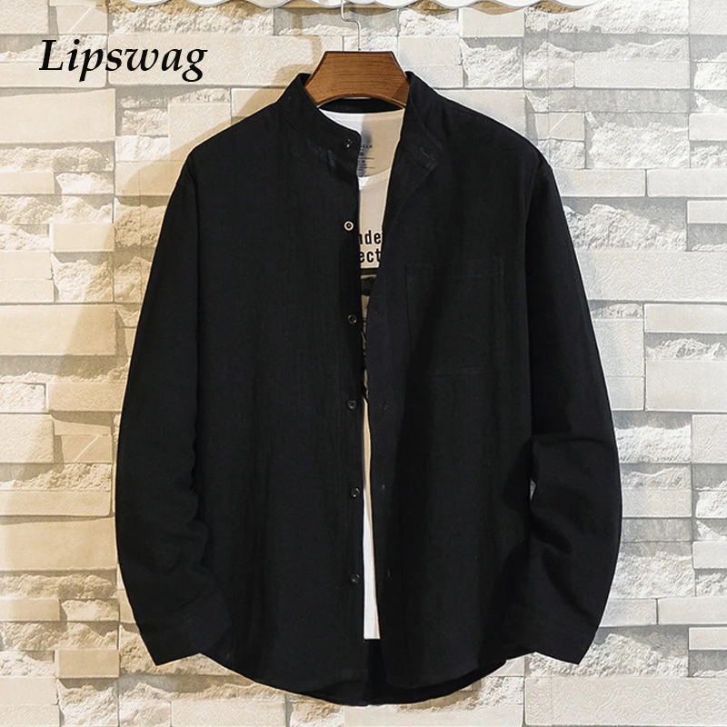 

Casual Cotton Linen Shirts For Mens Solid Long Sleeve Stand Collar Button Tops Cardigan 2021 Autumn Fashion Shirt Men Streetwear