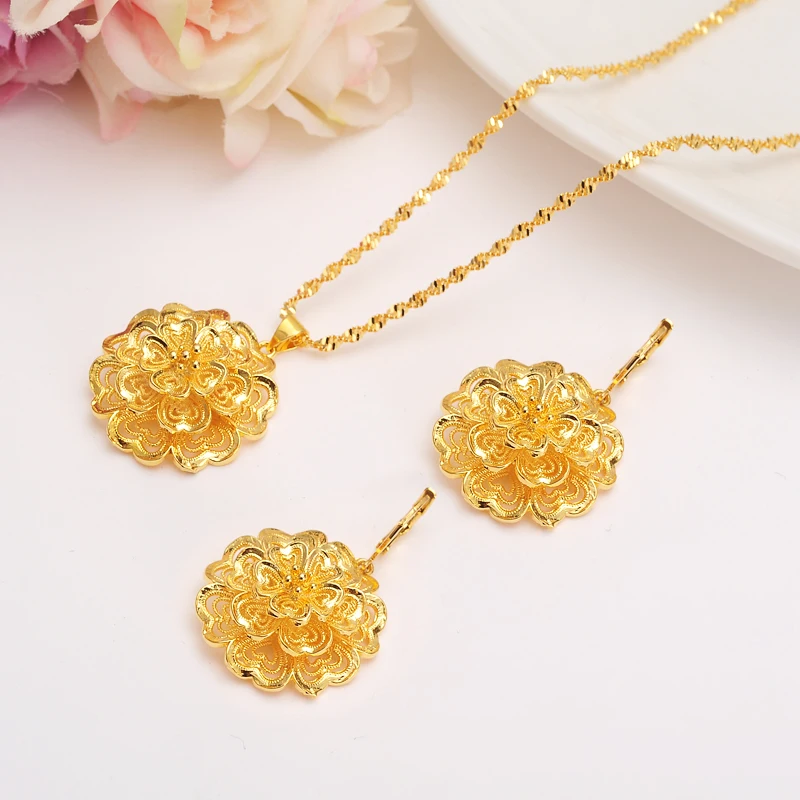 

New dubai india Africa big flower jewelry Set women girls charms pendant necklace earrings wedding bridal party mother gifts
