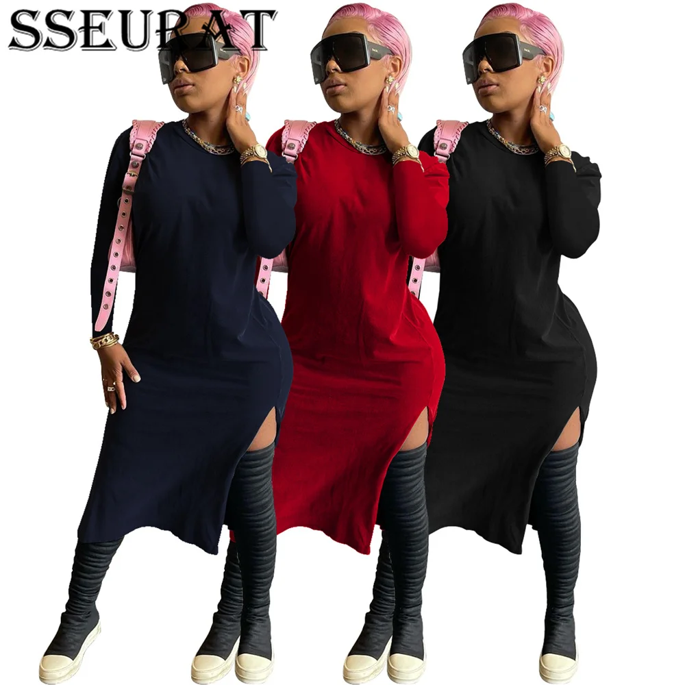 

SSEURAT Women Dress Solid Long Sleeve Skinny Dresses Sexy Fashion Vestidos Autumn