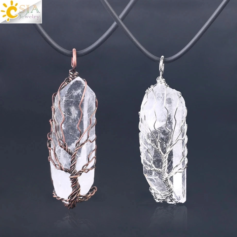 

CSJA Natural Crystal Pillar Big Pendants Antique Copper Wire Wrapped Tree of Life Quartz Pendant for Necklace PPC Chain F554