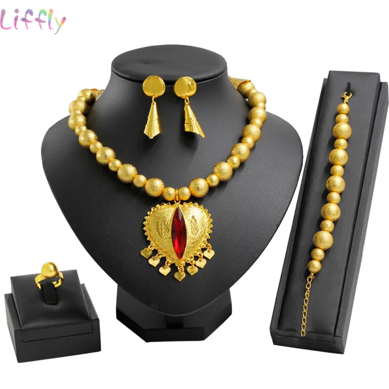 Дубай ювелирные наборы красный кристалл ожерелье Золотое кольцо серьги браслет