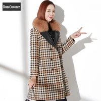 korean womens winter new elegant plaid fox woolen coat white goose down fur down jacket female long casual cashmere overcoat