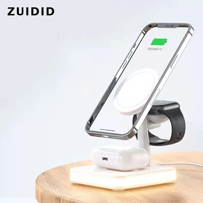 

LED Magnetic Wireless Charger Dock For iPhone 13 12 For iWatch For Airpods Fast Charging Stand Station 25W Phone Charge Adapter