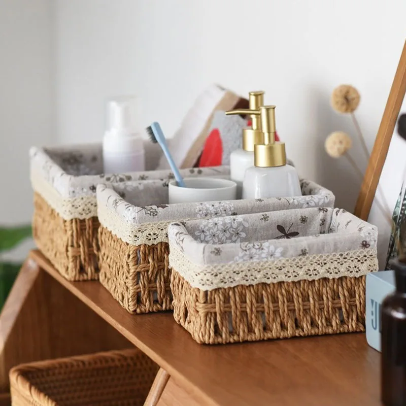 Storage Basket Straw Rattan Woven Cloth Desktop Sundries Toy Key Cosmetic Box Snack | Дом и сад