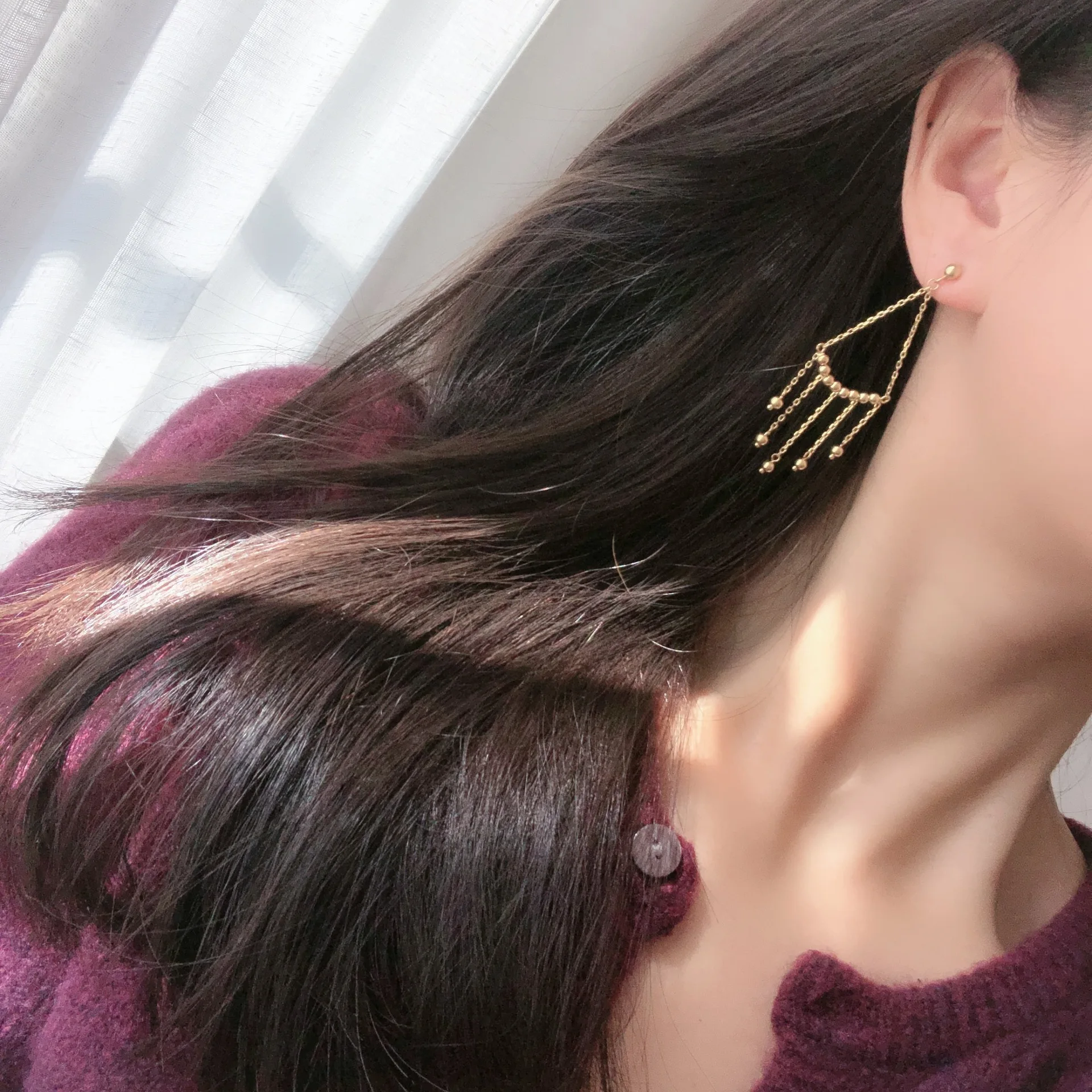 

100% 925 Sterling Silver Earrings For Women Gold Small Bead String Triangle Tassel Drop Simple Earings Fashion Jewelry Party