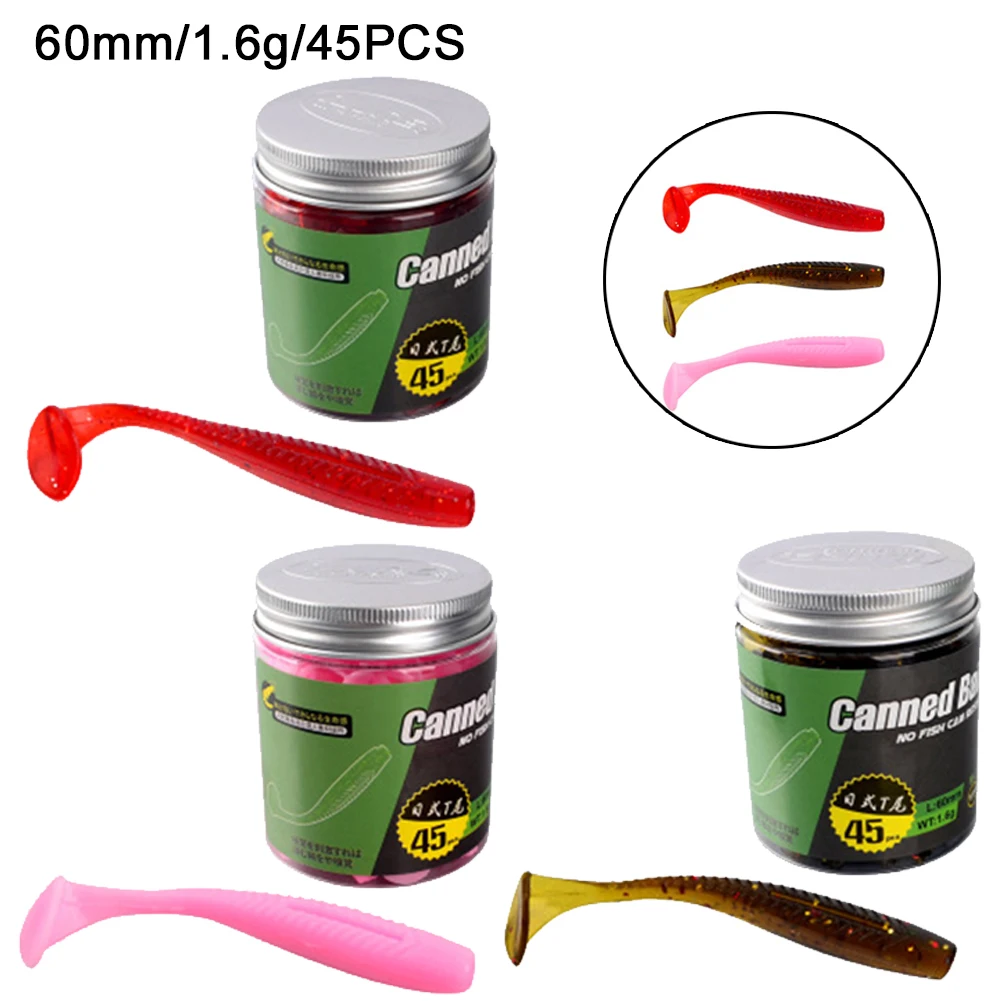 

45pcs/can 1.6g/6cm T-tail Soft PVC Worm Sea Fishing Lures Swim Baits Tools 1/2/3# Good Flexibility Fish Tools Fishing Tackle