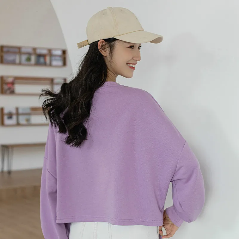

Casual Purple Women Sweatshirts Fashion High Street Lace-up Long Sleeve Loose Pullover Hoodies Spring Female Short Tops