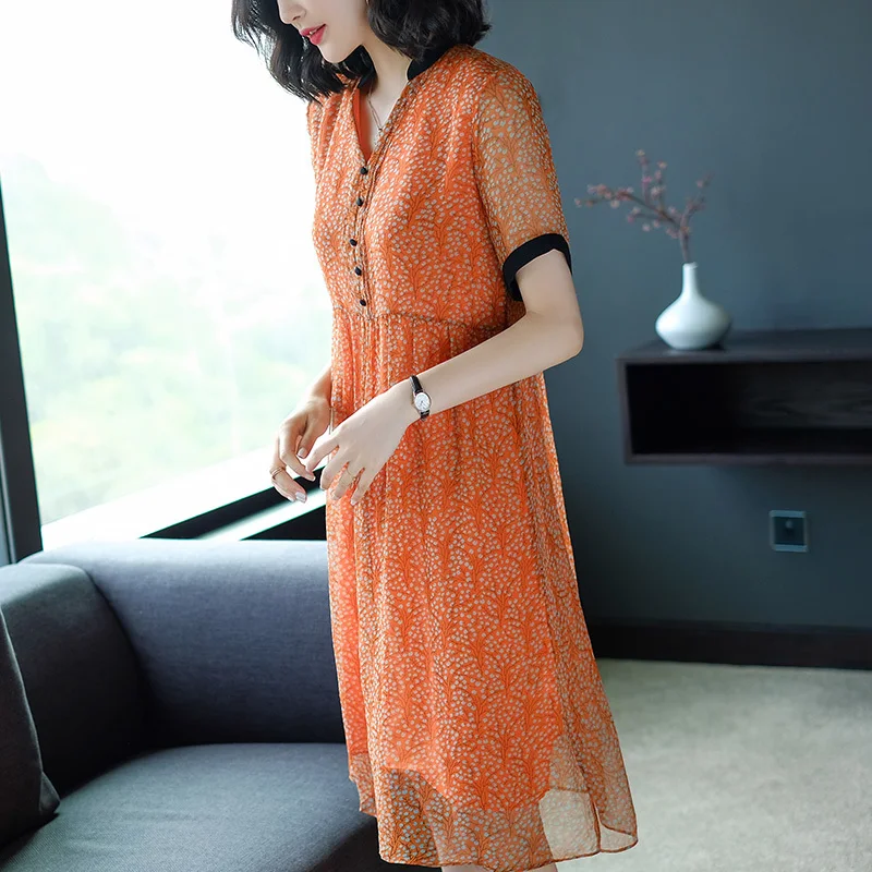 Женское платье средней длины из 100% натурального шелка летние платья с цветочным