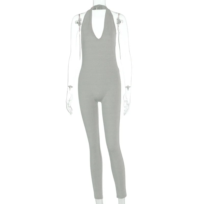 

Sexy Halter V Neck Backless Bodycon Jumpsuits Summer Women Solid Black Grey Skinny Streetwear Fitness Long Rompers Overalls
