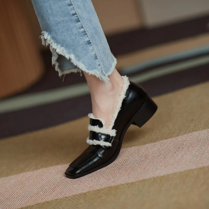 

Smeeroon 2021 Genuine Leather Shoes Women Pumps Square Toe Top Quality Thick Fur Winter Single Shoes Ladies Casual Party Shoes