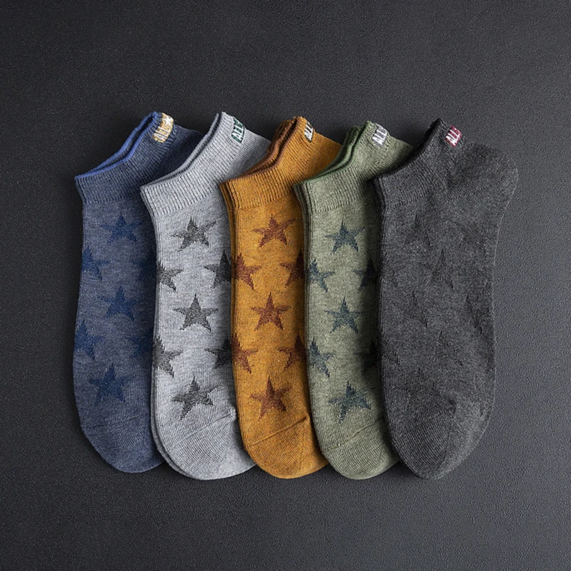 

Мужские воздухопроницаемые носки Q, дышащие, впитывающие пот носки-лодочки, хлопковые носки с вышивкой в виде звезд для лета и весны, 2021