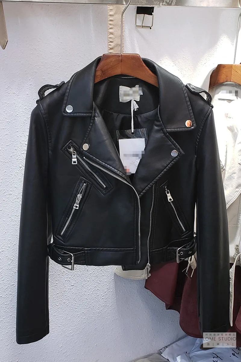 

Short Leather Coat for Women Spring and Autumn 2021 New Handsome Motorcycle Clothing Female PU Long Sleeve Jacket Black Coats