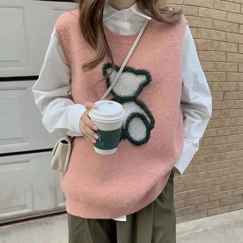 

Wool Sweater Vest Women 2021 Winter Korean Style Cute Teddy Bear Embroidery Sleeveless Pullover Casual Oversized Waistcoat T568