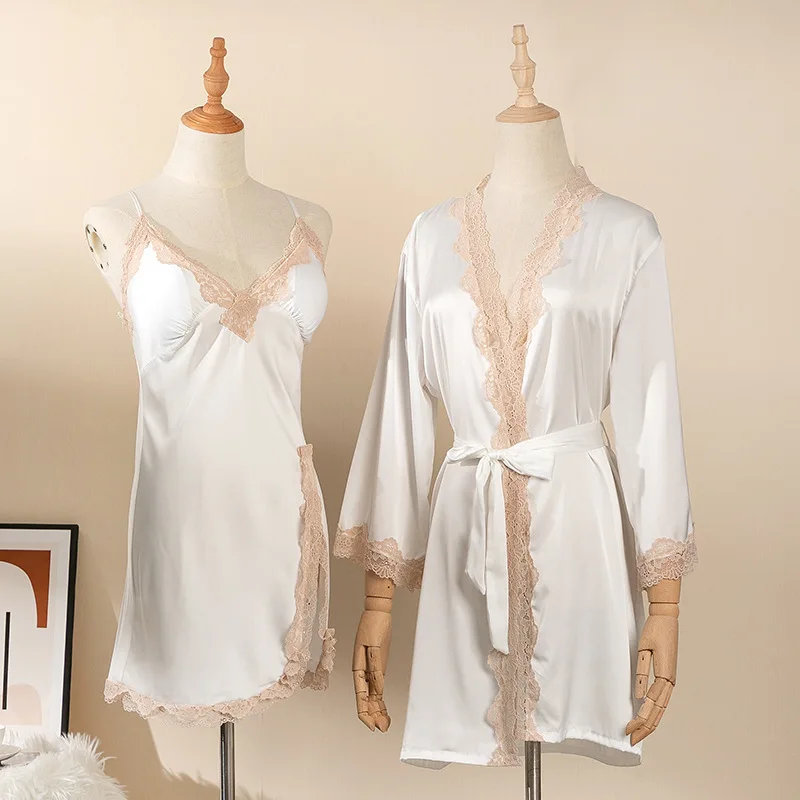 

Sexy Bride Bridesmaid Wedding Robe Women Robe Lace 2PCS Sleep Set Satin Sleepwear Kimono Bathrobe Gown Summer New Homewear