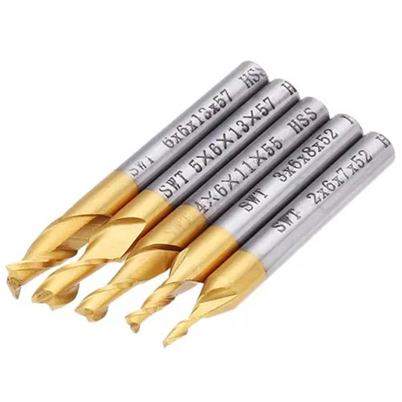 

5Pcs 2 Flute Milling Cutter HSS Titanium Coated 6mm Shank 2/3/4/5/6mm End Mill CNC Tool