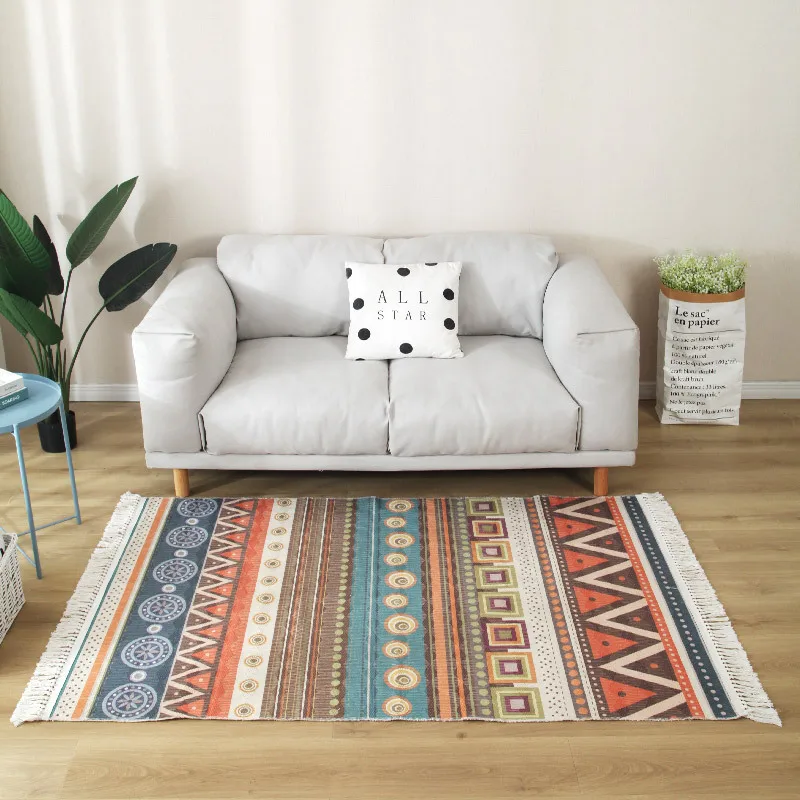 

Nordic Bohemian Carpet Hand Woven Cotton Linen Carpet Rug Bedside Rug Geometric Floor Mat Living Room Bedroom Carpets Home Decor
