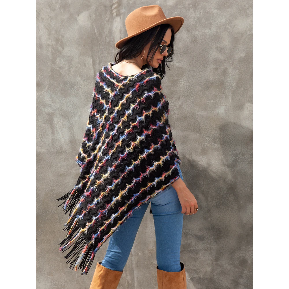 

Woman's Casual Fashion Loose Shawl Cloak Tassel Sweater Spring Autumn Warm Colorful Wave Pattern Knitwear for Daily Life