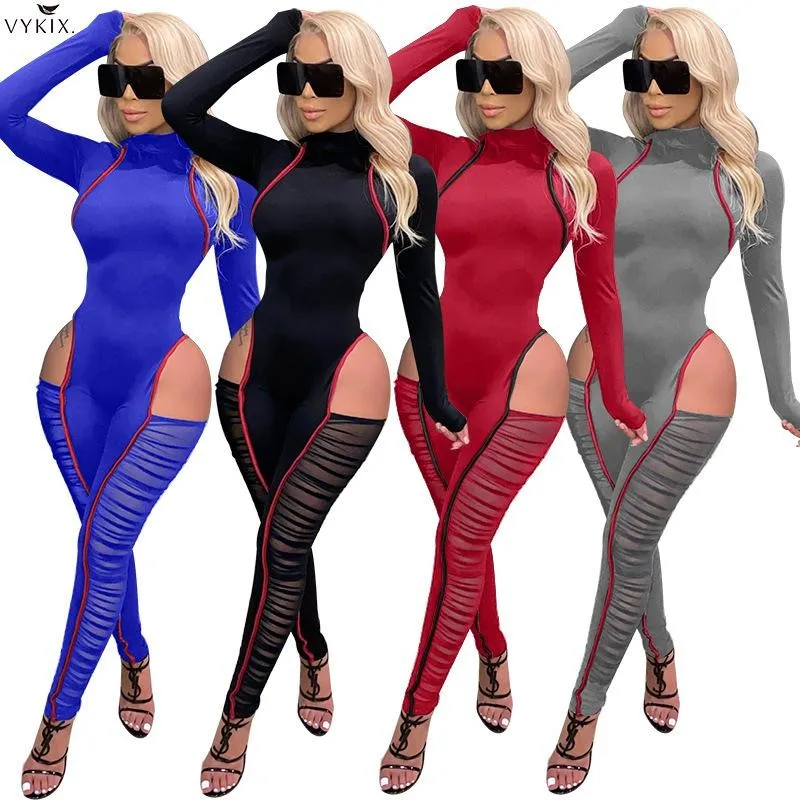 

Женский слитный комбинезон с длинным рукавом, повседневный комбинезон составного кроя с ложным воротником, леггинсы из прозрачной сетки с ...