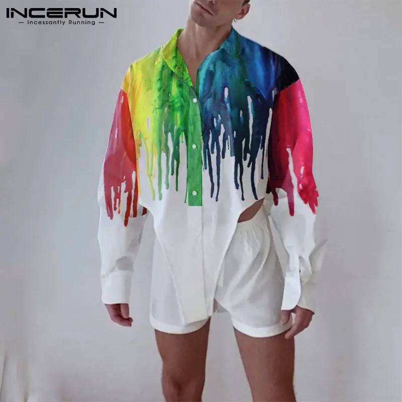 

INCERUN Fashion Men Sets Printing Streetwear 2021 Lapel Long Sleeve Irregular Shirt & Shorts Loose Casual Men Suits 2 Pieces 3XL