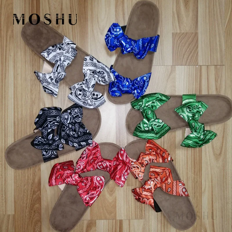 Сандалии женские на плоской подошве пляжная обувь с банданами пробковые