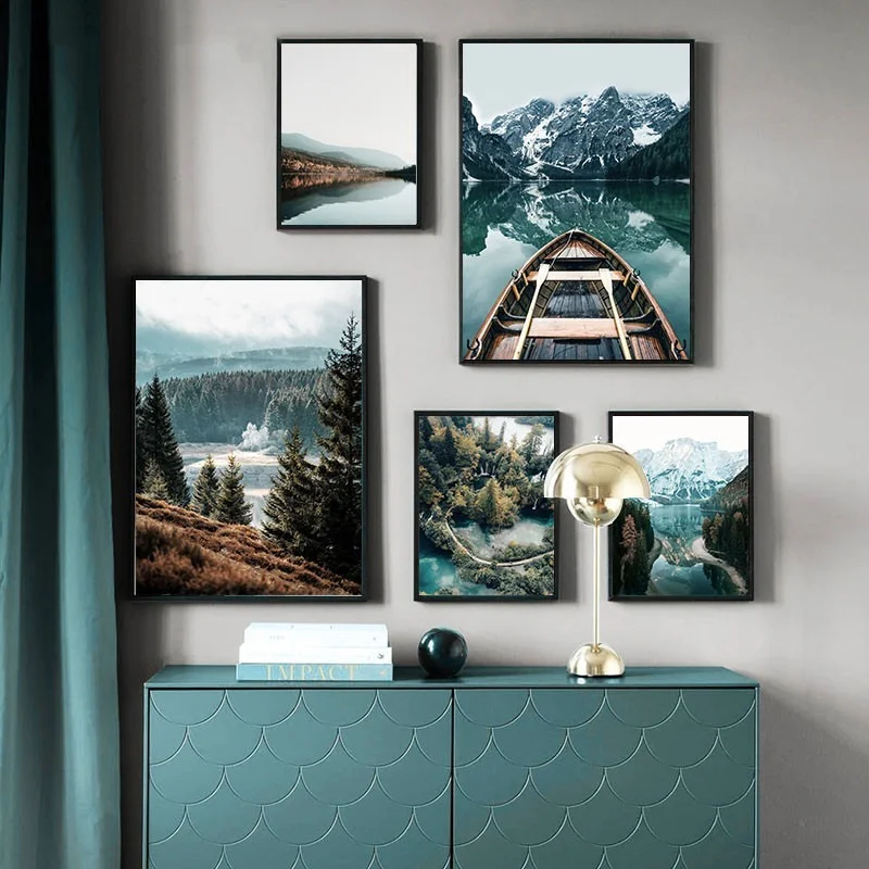 

Nordic Modern Natural Landscape Mountain Boat Poster Printing Picture Decorative Painting Canvas Wall Art Hotel Frameless Mural