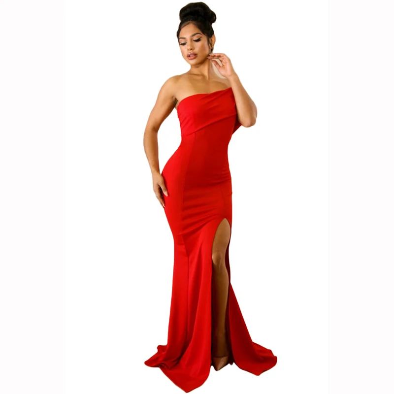 

Women Red Off The Shoulder One Sleeve Slit Maxi Party Prom Evening Long Dress