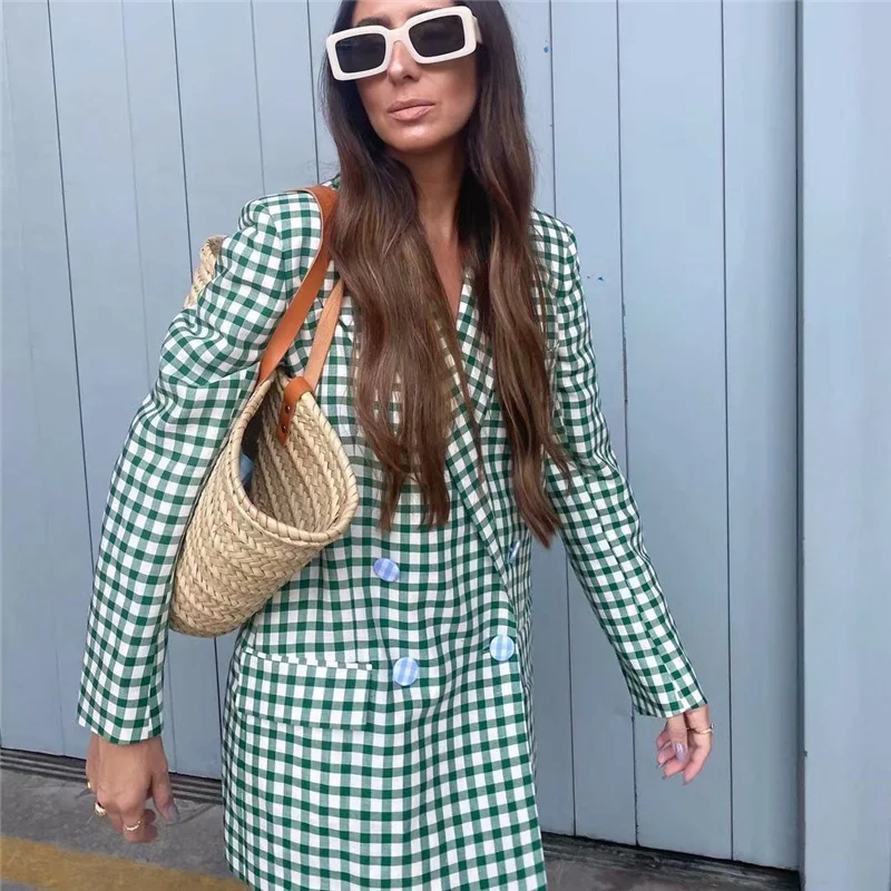 Женский блейзер в клетку весенний двубортный свободный зеленый Блейзер 2021 |