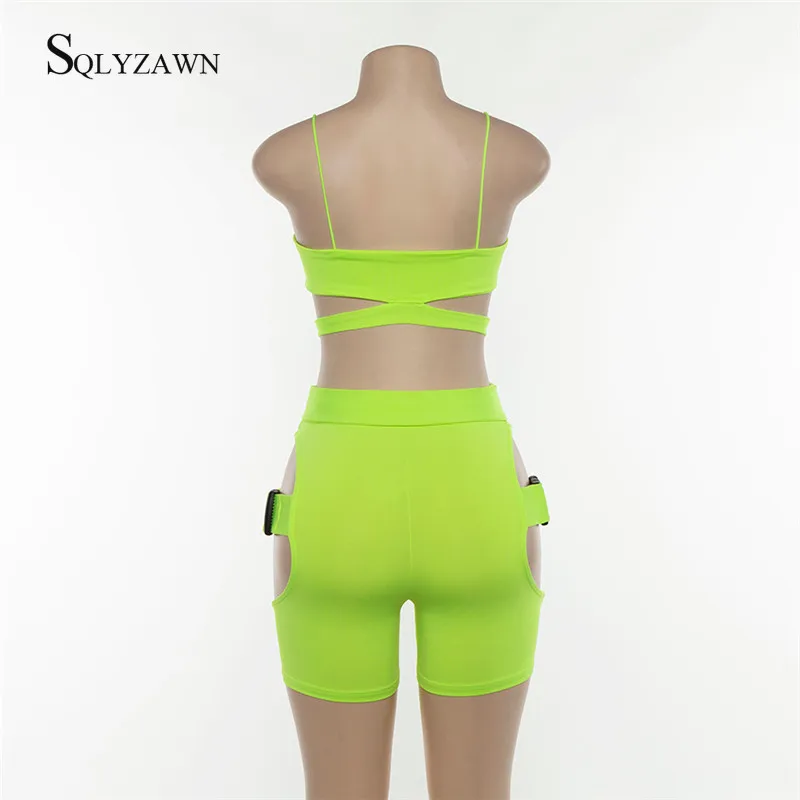 

Sexy Cut Out Neon Green Biker Shorts Set Women Tight Buckle Button Matching Set Sleeveless Crop Top 2 Piece Night Out Outfits