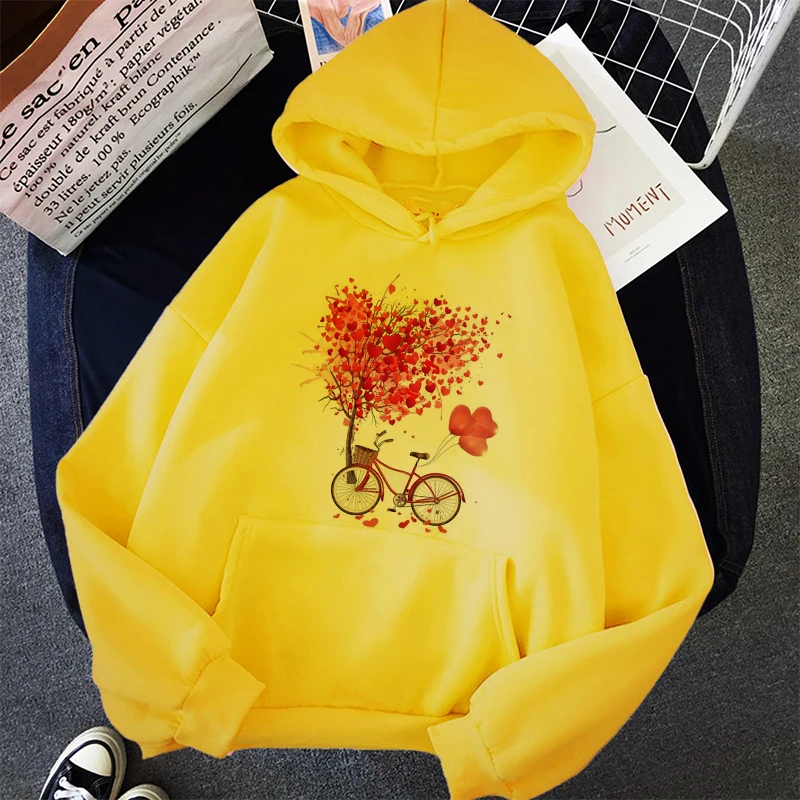 Winter Bicycle Flowers Hoodies Sweatshirts Women Korean Style Graphic Pullover Hooded Sweatshirt Kawaii Warm Pocket Jumper