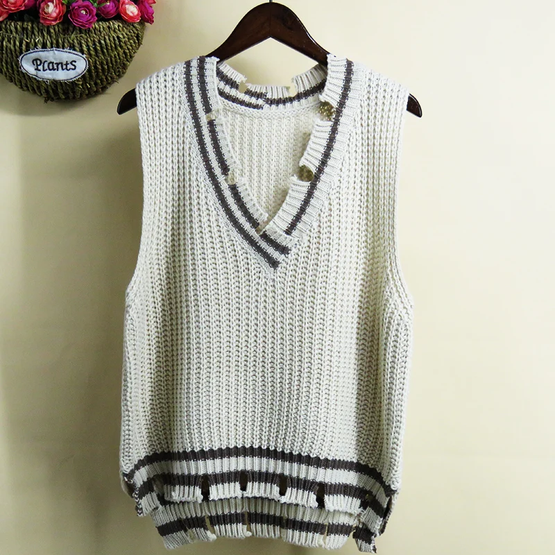 

Split Broken Copper Knitted Sweater Vest Female Casual Loose V-neck Sweater Korean Version 2021 Autumn Winter Women Pullover