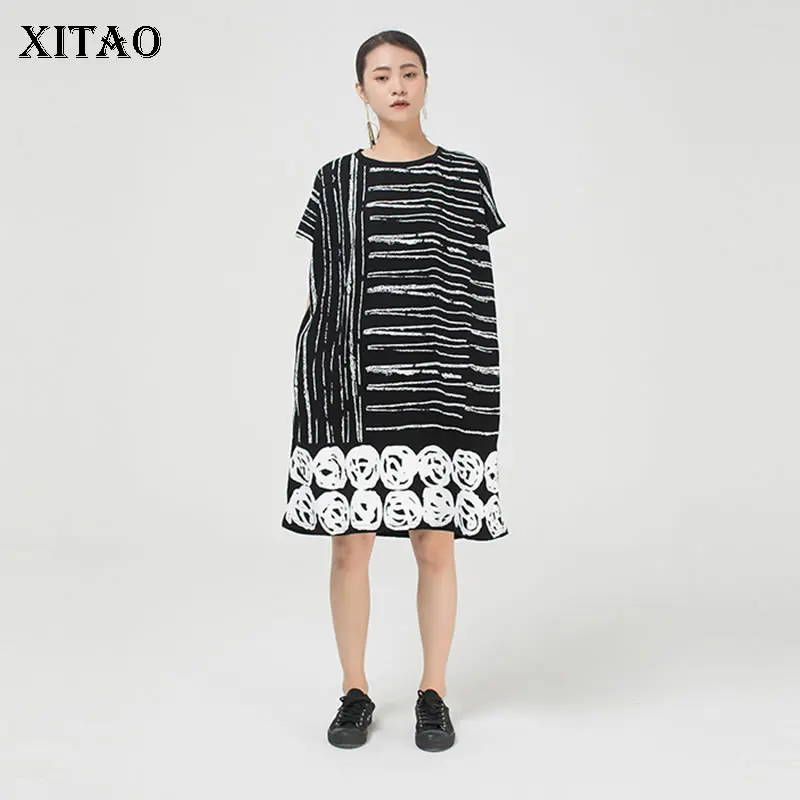 

XITAO Vintage Women Dress Fashion Striped Pullover Goddess Fan 2020 Print Pattern Elegant Goddess Fan Casual Style Dress ZP1944