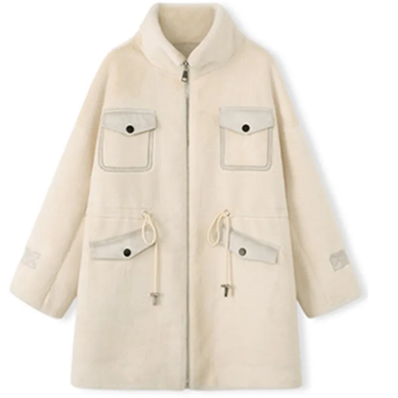 

2022 Winter Women's Imitation Mink Fur Coat Stylish Mid-Length Loose Outwear Drawstring Waist Large Size Thick Warm Jacket