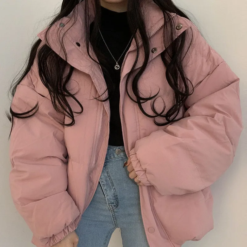 

Зимнее теплое пальто с воротником-стойкой карамельных цветов, Женская свободная повседневная короткая хлопковая одежда с длинным рукавом, ...