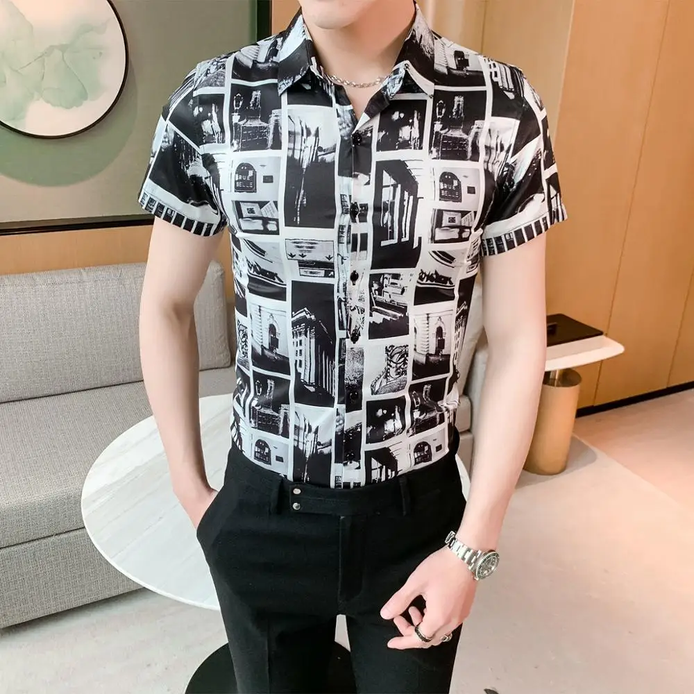 Летняя деловая рубашка с цифровым принтом мужская мода 2020 Корейская приталенная