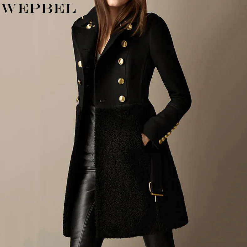

WEPBEL Woolen Coat Women's Solid Plush Patchwork Coat Winter Long Sleeve Pocket Double Breasted Turn-down Collar Woolen Coat