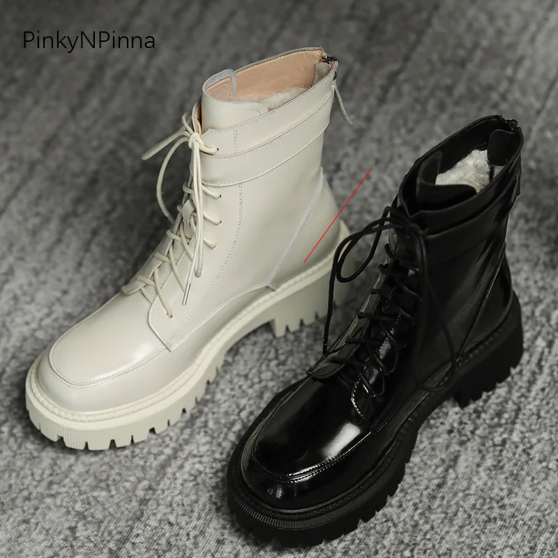 hot sale winter genuine leather women ankle boots real wool lining strap platform street riding back zip warm plus size shoes | Обувь