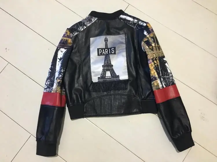 Куртка женская из натуральной кожи бейсбольная форма с принтом в стиле пэчворк