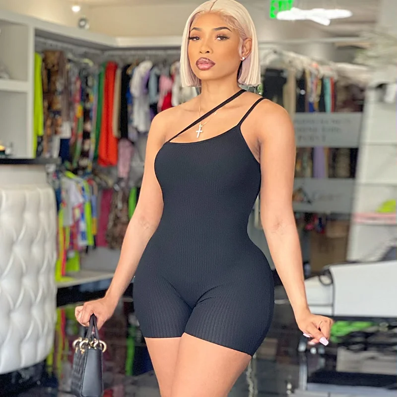 

CHRONSTYLE 2021 Sleeveless Halter Jumpsuits Solid Backless Ribbed Skinny Off Shoulder Playsuit Summer Women Street Casual Romper