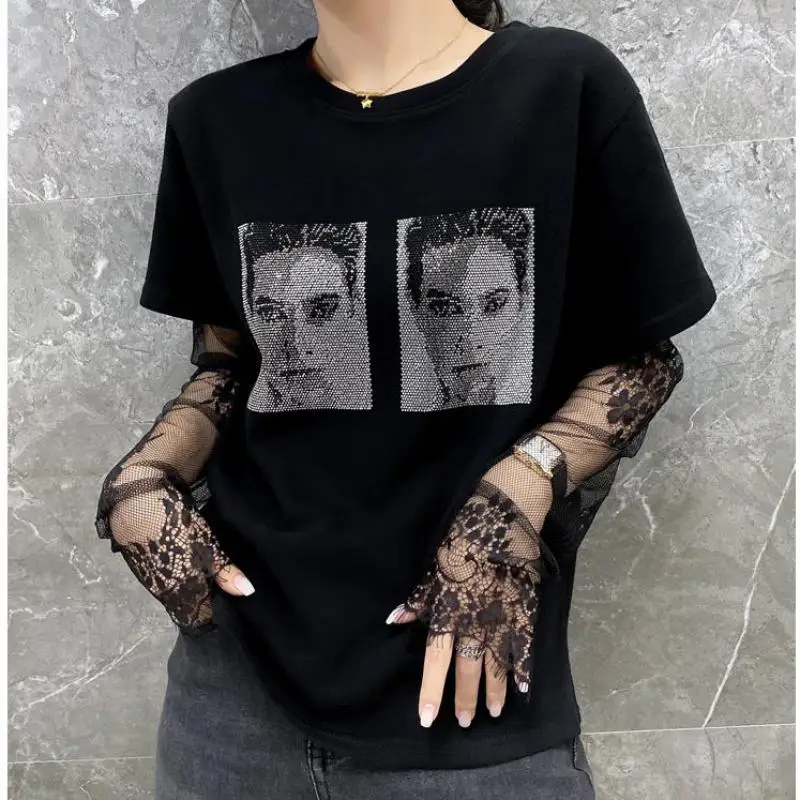 Летняя женская футболка из хлопка с кружевом и длинным рукавом