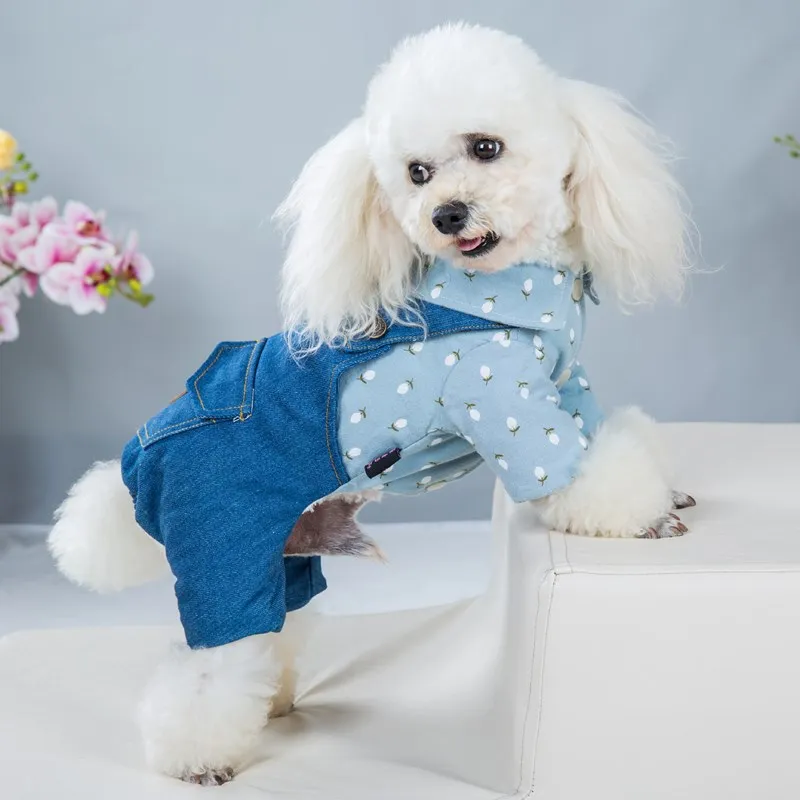

Jeans Pet Dog Cat Clothes Thickened Winter Cold Proof Warm Denim Puppy Jumpsuit Jacket Floral Splicing Pets Overalls For Dogs