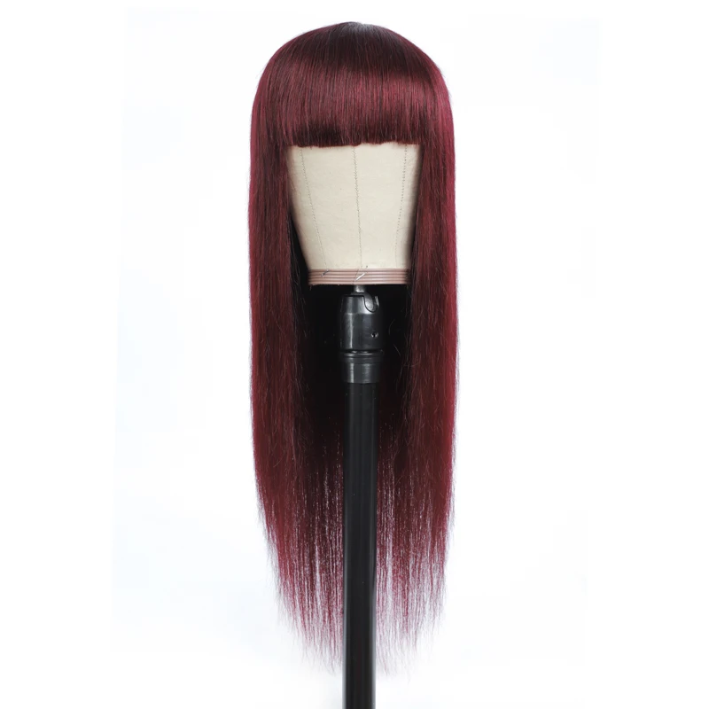 

99J Redwine Brazilian Straight Human Hair Wigs With Bangs For Black Women Full Machine Made Wigs Remy Hair Wig GOOD HAIR
