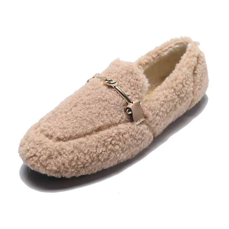 Женские меховые туфли на плоской подошве теплые зимние тапочки из