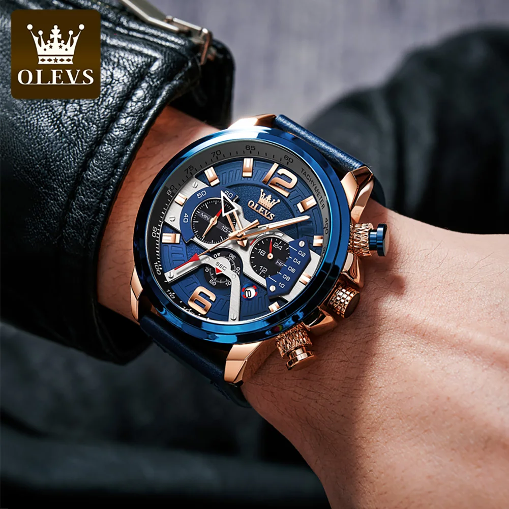 

OLEVS New for Men Watch Men's Casual Sports Watches Chronograph Leather Wristwatch Big Dial Quartz Clock with Luminous Pointers