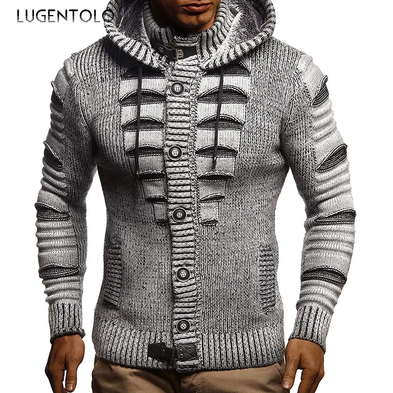 

Men Sweater Autumn Winter Sweater Hooded Knit Cardigan Button Solid Casual Men's Fashion Pocket Street Sweaters